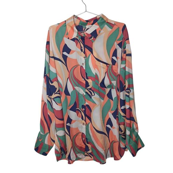 New EASEL Satin Geo Print Vibrant Colored Button Up Collared Tunic 1x - Picture 4 of 15